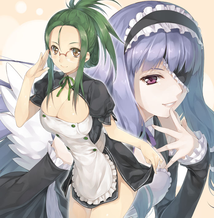 breasts, brown_eyes, cleavage, dream_c_club, eyepatch, frills, glasses, green_hair