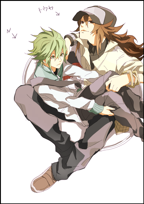 alternate_hairstyle, baseball_cap, brown_eyes, brown_hair, chair, cosplay, costume_switch, directional_arrow