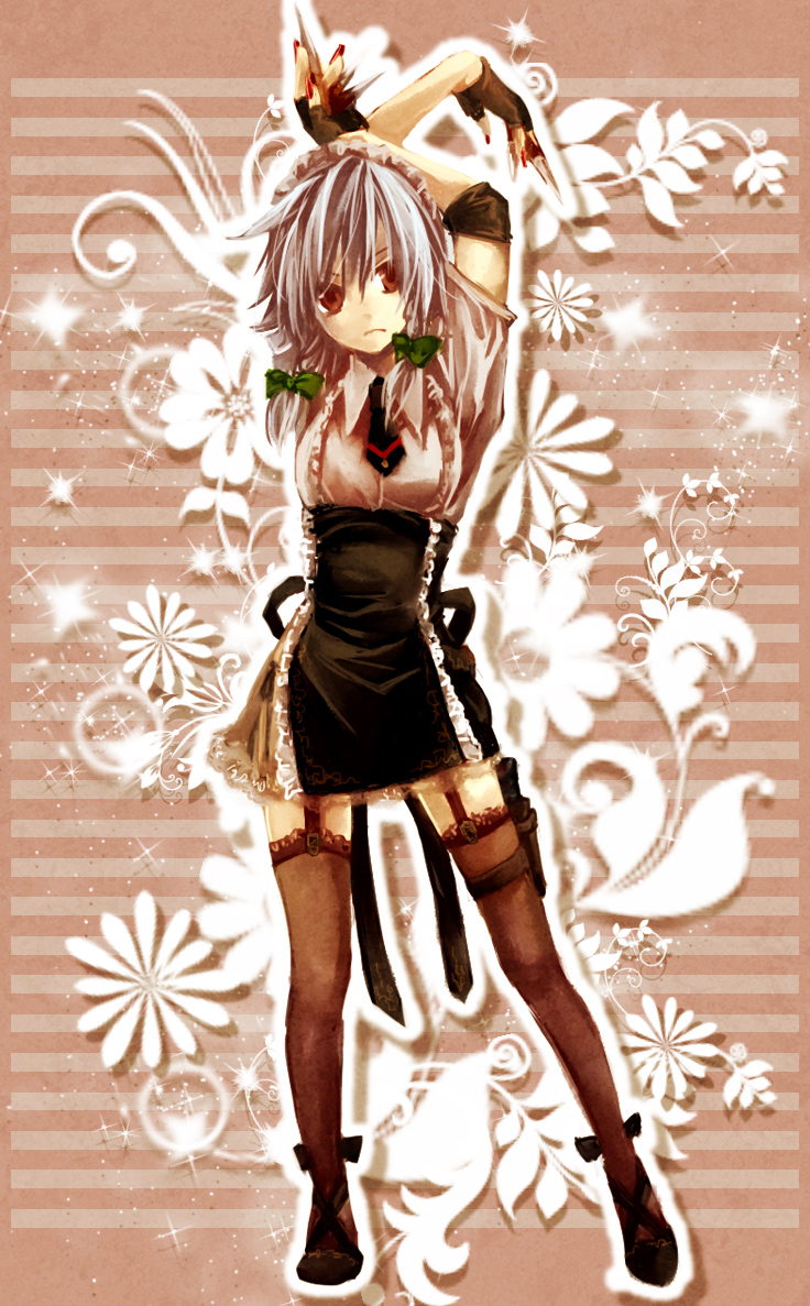 alternate_costume, arms_up, ascot, black_dress, braid, brown_gloves, brown_legwear, dress, elbow_cuffs, fingerless_gloves, garter_straps, gloves, hair_ribbon, izayoi_sakuya, knife, maid, maid_headdress, red_eyes, red_nails, ribbon, sakanahen, shirt, silver_hair, solo, thigh-highs, thighhighs, touhou, twin_braids, zettai_ryouiki