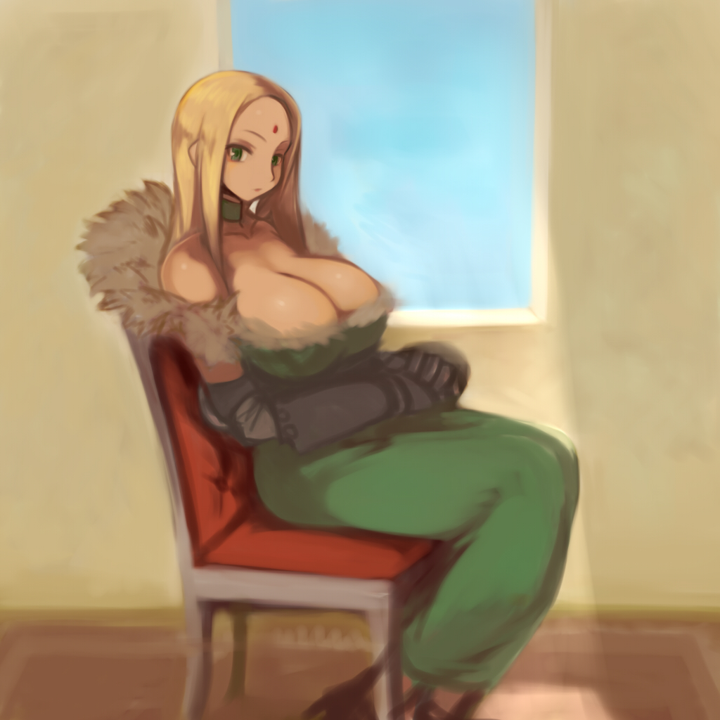 blonde_hair, breasts, chair, choker, cleavage, dress, fur, gauntlets, green_dress, green_eyes, huge_breasts, kelma_wordein, long_hair, sitting, solo, summon_night, summon_night_2, zarusobababa