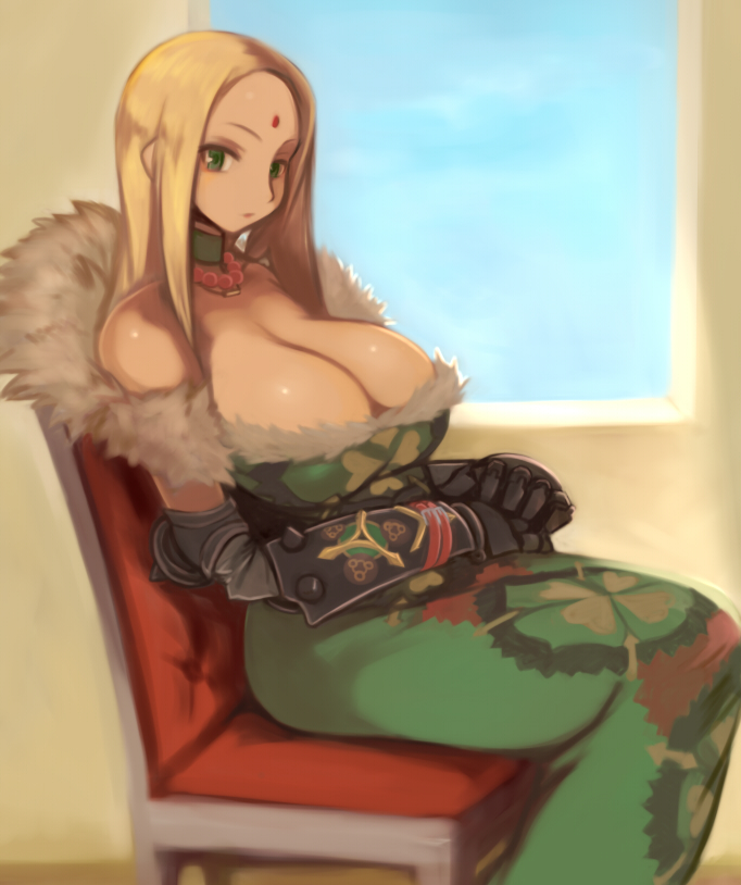blonde_hair, breasts, chair, cleavage, dress, fur, gauntlets, green_dress