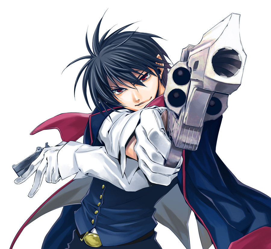 aiming_at_viewer, belt, black_hair, clockwork_(manga), derringer, dual_wielding, gloves, gun