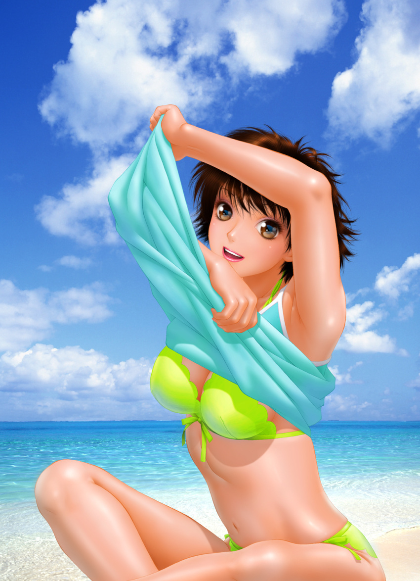arm_up, armpits, beach, bikini, boku_no_futatsu_no_tsubasa, breasts, brown_eyes, brown_hair, cleavage, cloud, front-tie_top, highres, ishimaru_hiromi, leaning_forward, lips, lipstick, looking_at_viewer, makeup, navel, open_mouth, original, short_hair, sitting, sky, smile, solo, swimsuit, tan, undressing, water, yui_toshiki