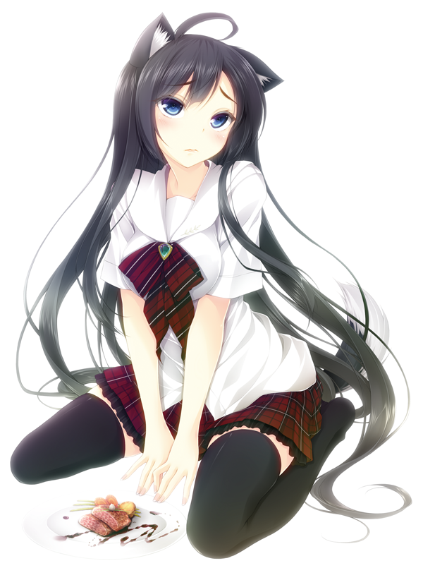 ahoge, animal_ears, black_hair, black_legwear, blue_eyes, blush, cake, character_request