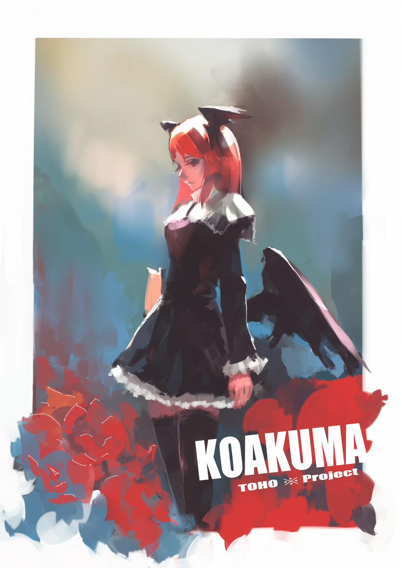 bat_wings, black_legwear, cha, character_name, dress, head_wings, koakuma, long_hair