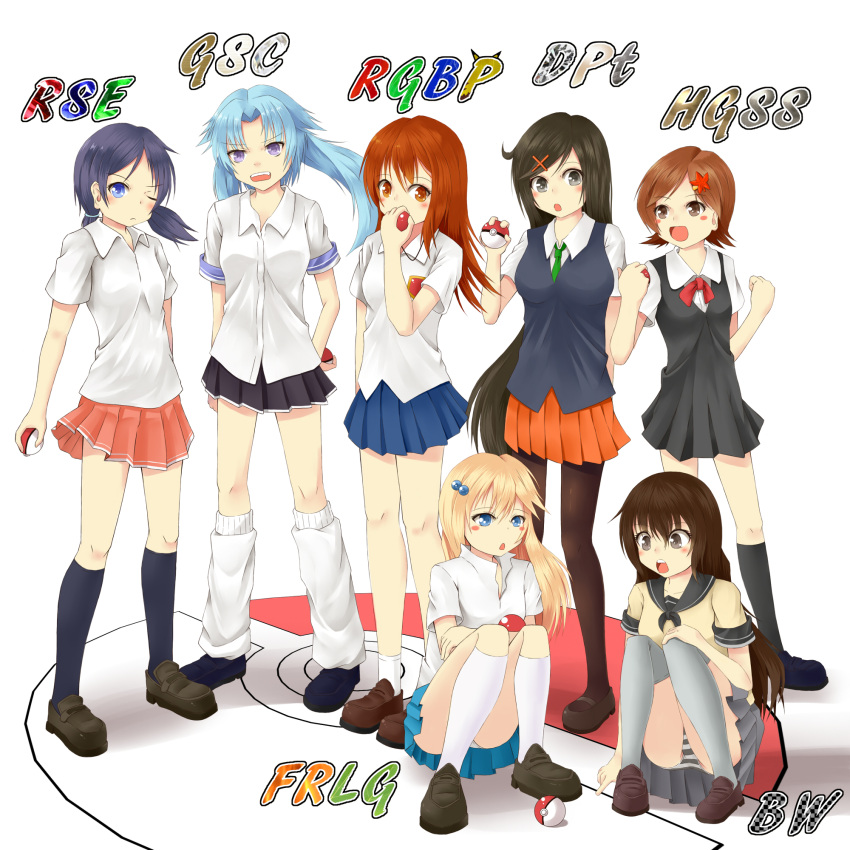 7_girls, black_eyes, black_hair, blonde_hair, blue_eyes, blue_hair, brown_eyes, brown_hair