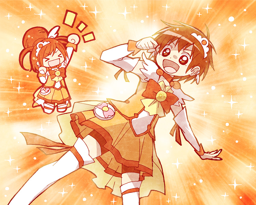 >_<, 1girl, anmitsu_(magenta), arm_up, bike_shorts, bowtie, brother_and_sister, brown_hair, cosplay, crossdressinging, cure_sunny, cure_sunny_(cosplay), dress, hair_bun, happy, hino_akane, hino_genki, jumping, orange_(color), orange_background, orange_dress, orange_hair, precure, short_hair, shorts_under_skirt, siblings, skirt, smile_precure!, sparkle, thigh-highs, thighhighs, white_legwear