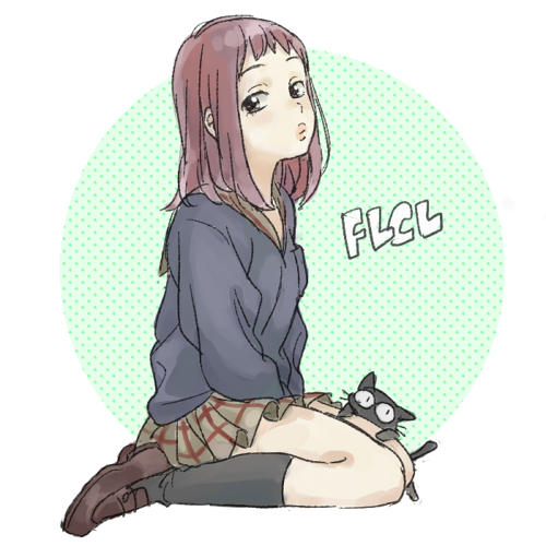 black_legwear, brown_eyes, brown_hair, cat, flcl, jacket, lowres, plaid, plaid_skirt, samejima_mamimi, school_uniform, seiza, sitting, skirt, ta-kun, yodaredato