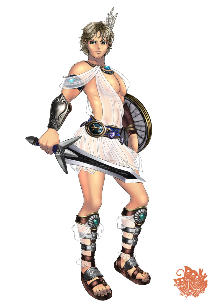 1boy, armlet, barefoot_sandals, belt, blonde_hair, blue_eyes, chest, crossdressinging, feathers, hair_feathers, highres, patroklos_alexander, sandals, see-through, shield, short_hair, skirt, sophitia_alexandra, sophitia_alexandra_(cosplay), soul_calibur, soulcalibur, soulcalibur_v, sword, vambraces, weapon, xuexueyuehua
