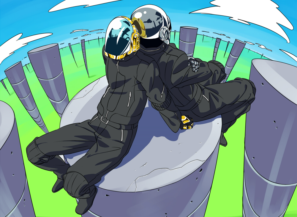 asutora_(coil), back-to-back, crossed_arms, daft_punk, gloves, guy_manuel_de_homemchristo, helmet, jacket