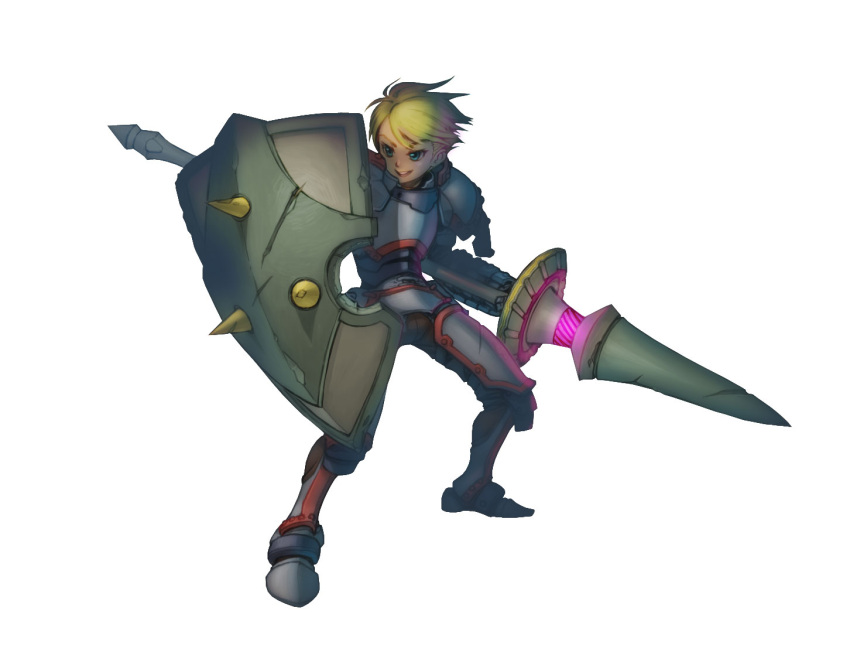 armor, blonde_hair, fantasy, lance, male, nyath, original, polearm, shield, short_hair, solo, spear, spike, spikes, standing, weapon