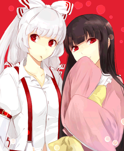 black_hair, bow, bust, covering_mouth, dress_shirt, fujiwara_no_mokou, hair_bow, hakurei_reimu