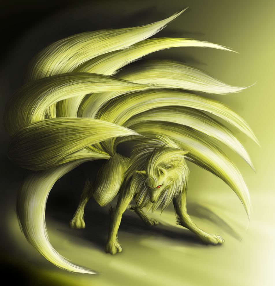 fur, multiple_tails, ninetales, no_humans, no_pupils, pokemon, realistic, red_eyes