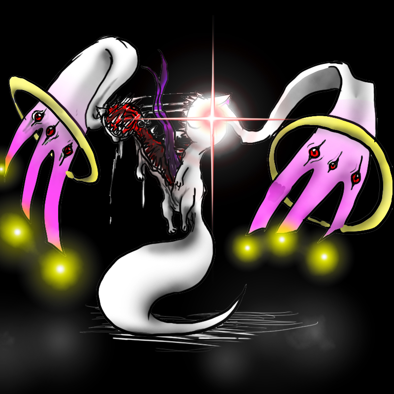 fangs, fusion, glint, kyubey, long_tongue, mahou_shoujo_madoka_magica, monster, no_humans, open_mouth, red_eyes, solo, the_thing, tominaga, tongue