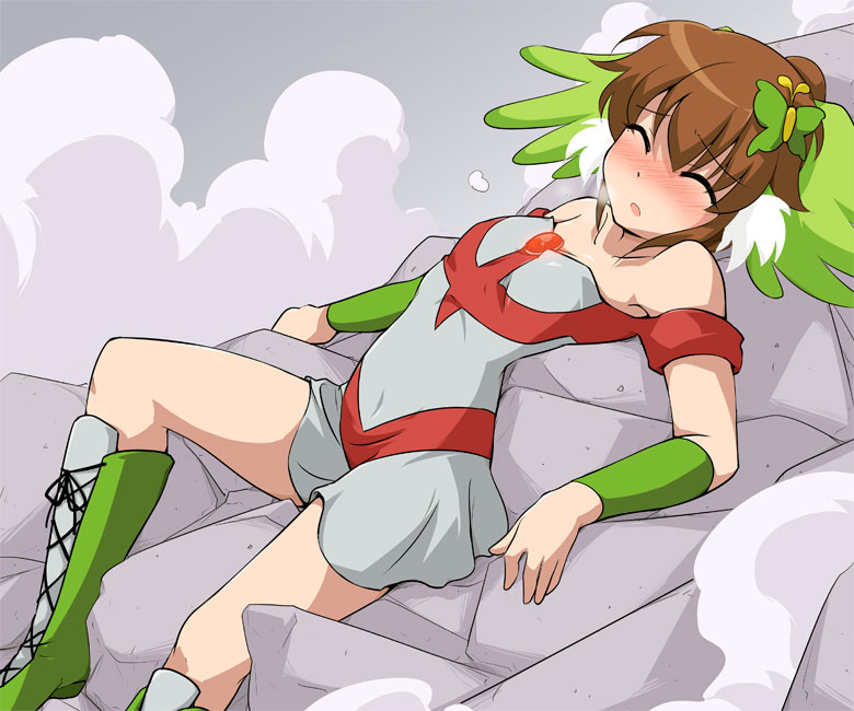 :o, asaka_hinata, bare_shoulders, bioroid_hei, blush, boots, breath, brown_hair