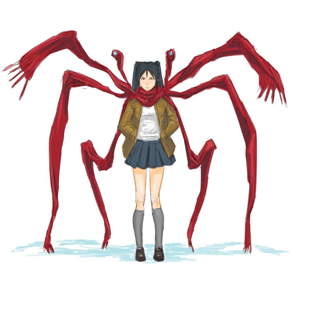 black_hair, footwear, hands_in_pockets, jacket, long_hair, parody, pleated_skirt, scarf