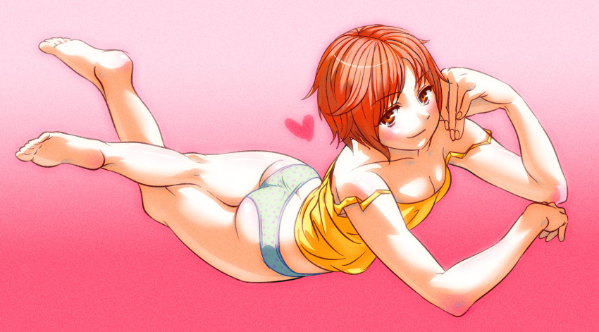 arm_support, asutora_(coil), bad_id, barefoot, blush, butt_crack, error, feet, grainy, heart, highres, legs, lying, on_stomach, orange_hair, original, panties, short_hair, smile, soles, solo, underwear