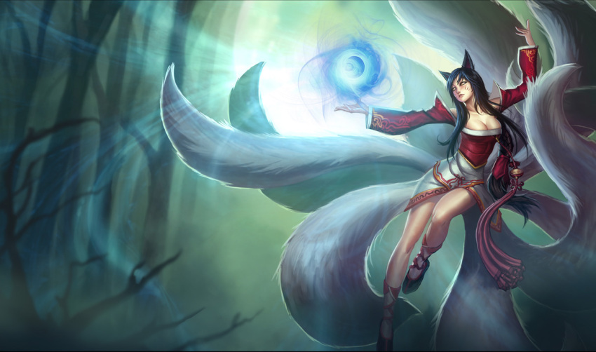 animal_ears, black_hair, breasts, cleavage, fox_ears, fox_tail, kienan_lafferty, league_of_legends