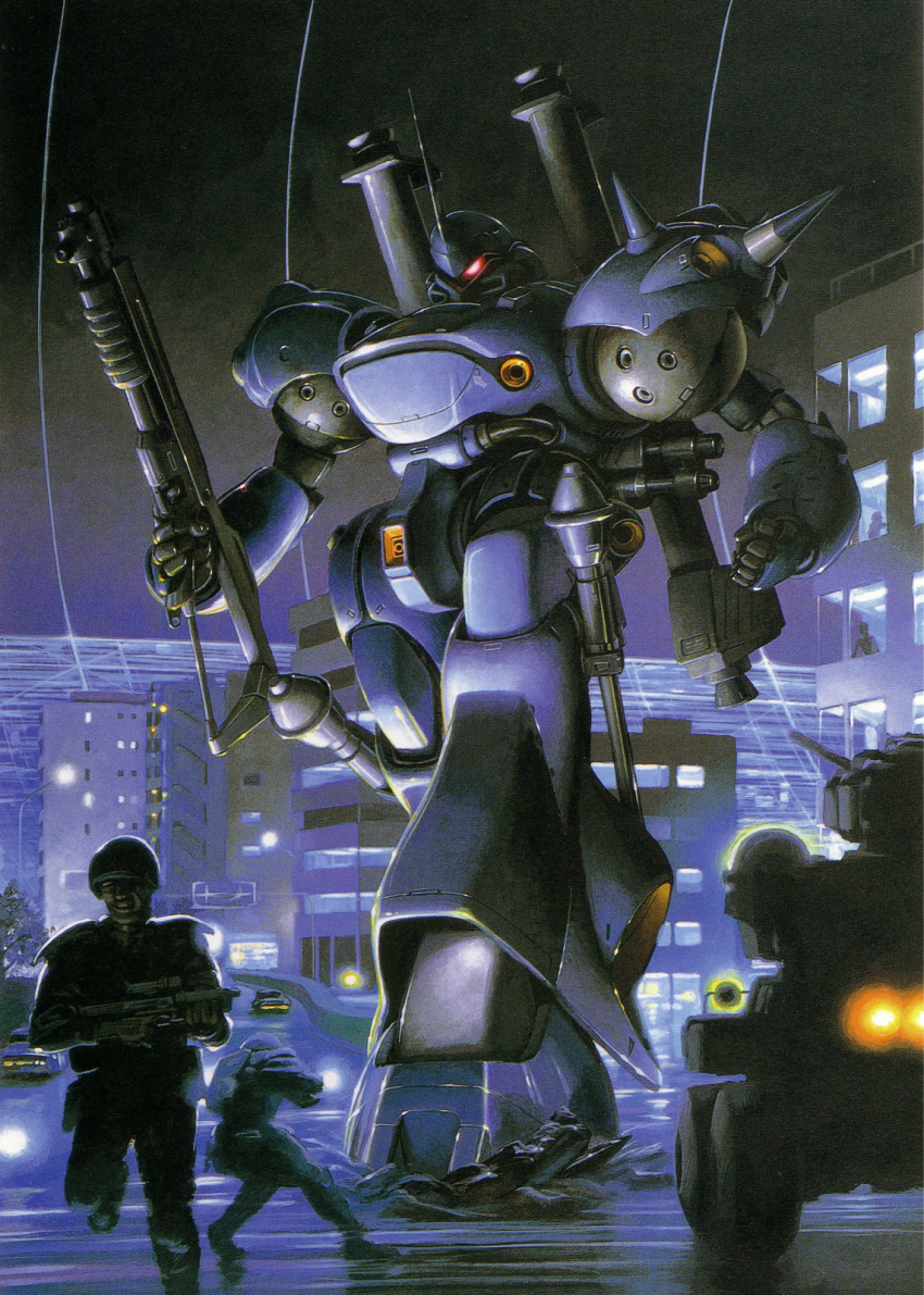 battle, bazooka, city, colony_interior, gun, gundam, gundam_0080, highres, kampfer_(mobile_suit), mecha, night, panzerfaust, shotgun, soldier, vehicle, weapon