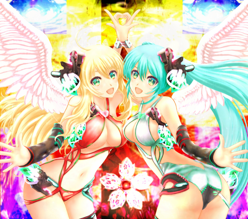 aqua_hair, ass, baunzel, blonde_hair, breasts, cleavage, green_eyes, hatsune_miku