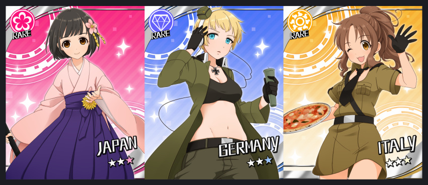 axis_powers_hetalia, black_gloves, blonde_hair, blue_eyes, brown_eyes, brown_hair, character_name, cinderella_girls_card_parody, flower, food, genderswap, germany_(hetalia), gloves, hair_flower, hair_ornament, hakama, headphones, highres, idolmaster, idolmaster_cinderella_girls, japan_(hetalia), japanese_clothes, jewelry, midriff, multiple_girls, necklace, necktie, nogi_(noooog), northern_italy_(hetalia), parody, pizza, sparkle, star, sun_(symbol), uniform