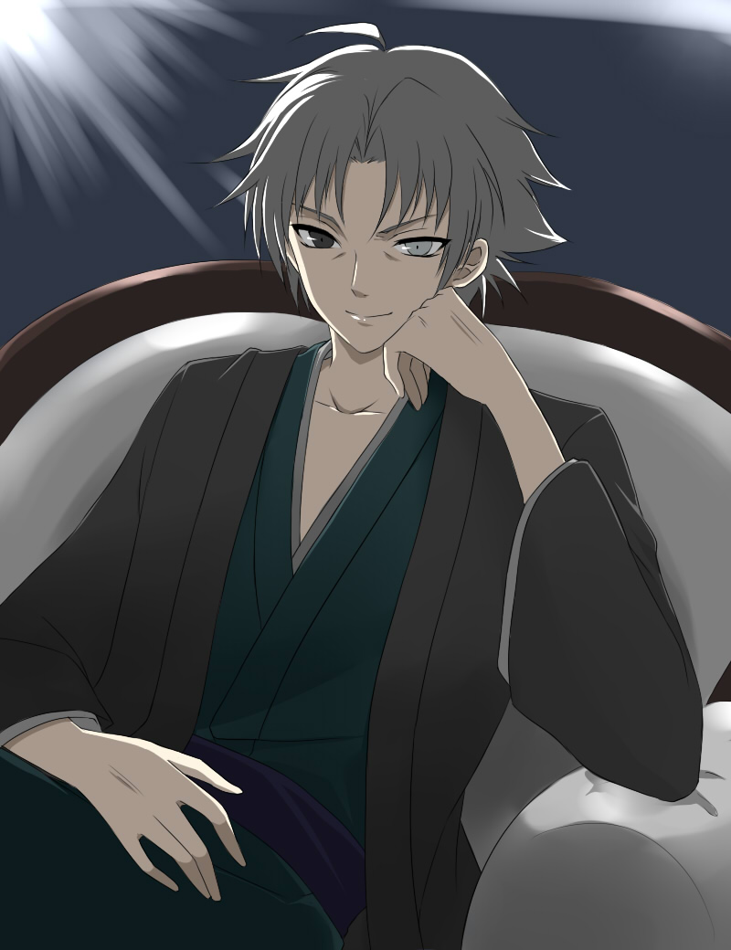 bad_id, fate/zero, fate_(series), grey_eyes, japanese_clothes, kimono, male, matou_kariya, sitting, smile, white_hair, yoichi_(ha-ya-shi)