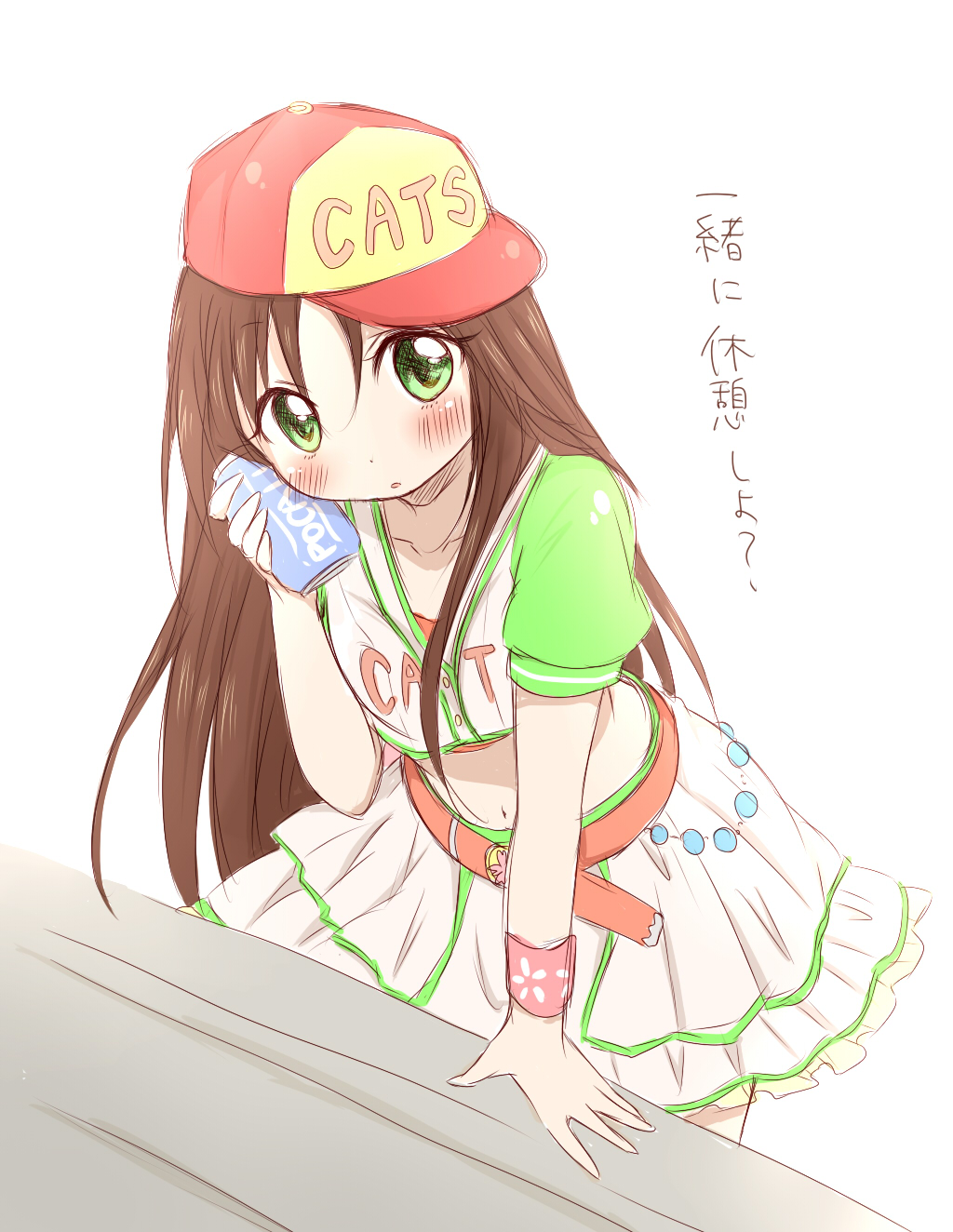 baseball_cap, baseball_jersey, belt, blush, brown_hair, can, can_to_cheek, green_eyes
