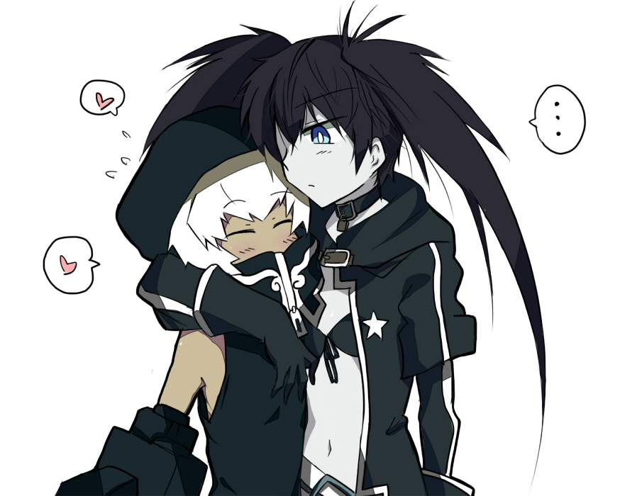 aimai_(luckyfive), bad_id, black_hair, black_rock_shooter, black_rock_shooter_(character), blue_eyes, blush, gloves, heart, hoodie, luckyfive, short_hair, smile, spoken_heart, strength_(black_rock_shooter), white_hair