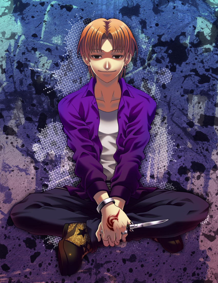 black_eyes, command_spell, fate/zero, fate_(series), highres, indian_style, jacket, knife