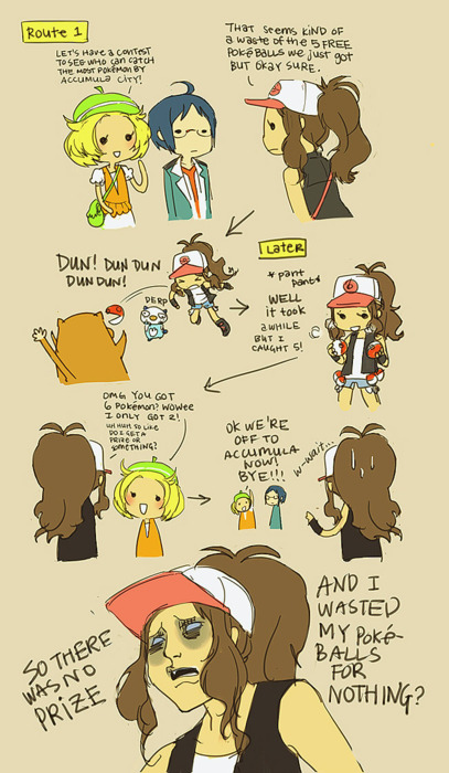 2girls, averyniceprince, baseball_cap, bel_(pokemon), black_hair, blonde_hair, brown_hair, catching, cheren_(pokemon), comic, english, glasses, hat, multiple_girls, oshawott, poke_ball, pokemon, pokemon_(game), pokemon_bw, ponytail, shorts, touko_(pokemon)