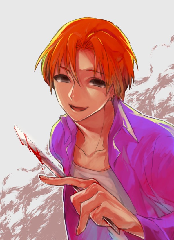 akiki0, black_eyes, blood, fate/zero, fate_(series), grey_background, male, orange_hair, red_hair, redhead, scalpel, solo, uryuu_ryuunosuke