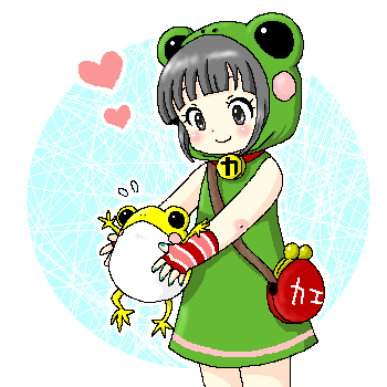 animal_costume, bag, black_eyes, black_hair, child, frog, frog_costume, heart