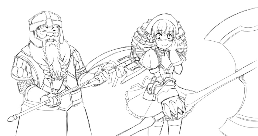1girl, armor, axe, battle_axe, beard, blush, chainmail, crossover