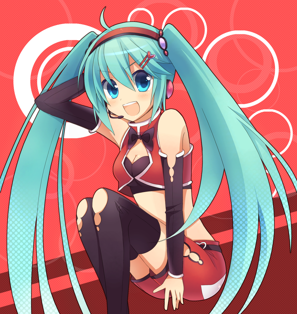 ahoge, aqua_eyes, aqua_hair, cola_miku, hair_ornament, hairclip, hand_on_headphones, hatsune_miku, headphones, headset, long_hair, looking_at_viewer, moe_on_drop, open_mouth, sitting, smile, solo, twintails, very_long_hair, vocaloid