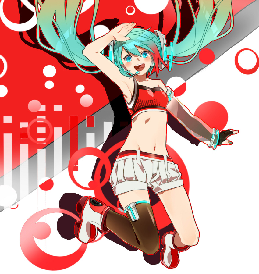aqua_eyes, aqua_hair, asymmetrical_clothes, cola_miku, elbow_gloves, fingerless_gloves, gloves, hatsune_miku