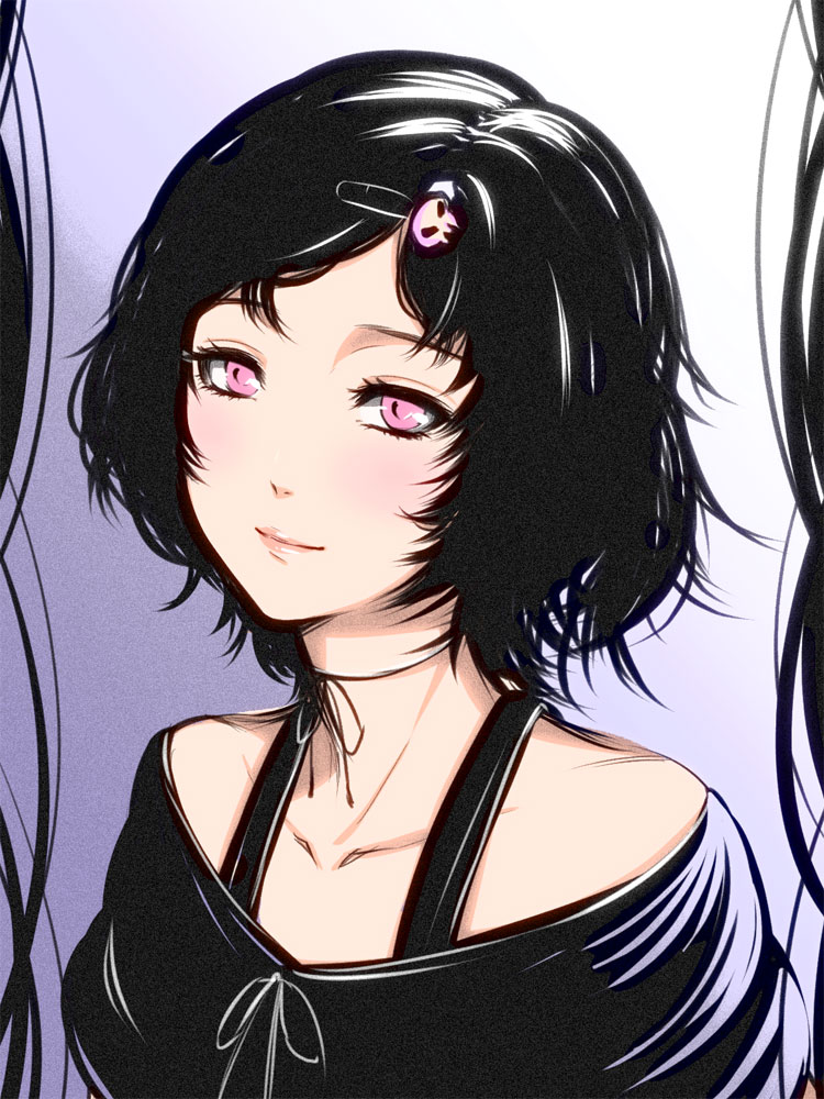 androgynous, black_hair, blush, choker, hair_ornament, hairclip, karasu_(pixiv), male, pink_eyes, smile, solo, steins;gate, trap, urushibara_ruka