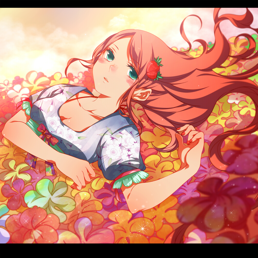 aqua_eyes, bad_id, brown_hair, food, fruit, hair_ornament, letterboxed, long_hair