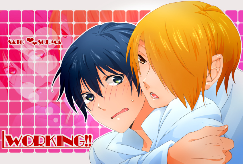 blonde_hair, blue_eyes, blue_hair, cigarette, hair_over_one_eye, highres, multiple_boys, satou_jun, short_hair, souma_hiroomi, takanashi_souta, working!!, yellow_eyes, yuuri_(purple_planet)