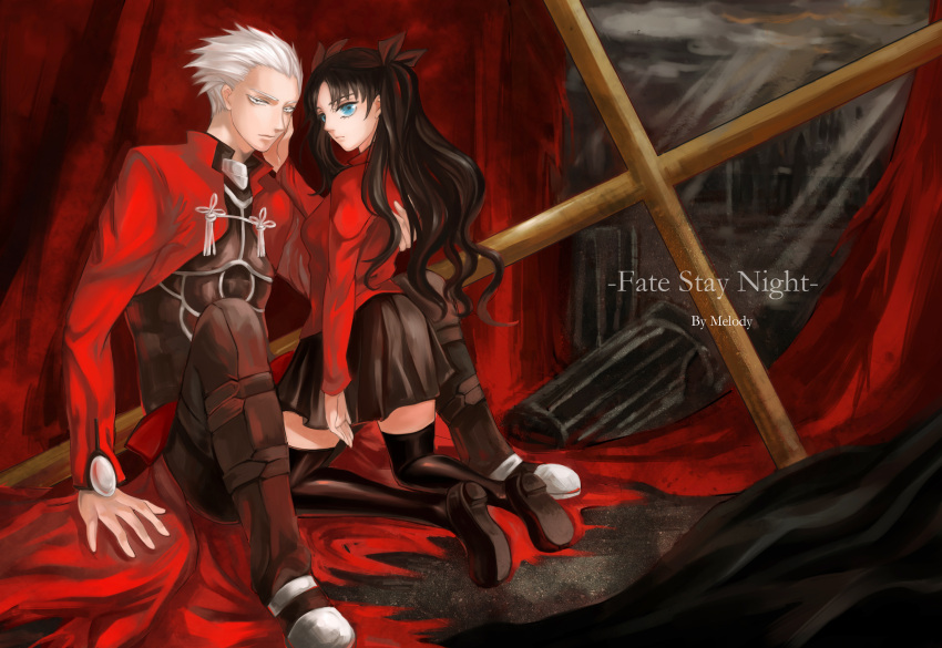 1girl, archer, black_hair, black_legwear, blue_eyes, fate/stay_night, fate_(series), hair_ribbon