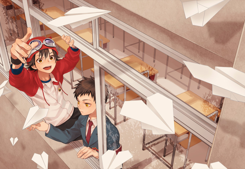 bad_id, brown_hair, chair, classroom, desk, fujisaki_yuusuke, goggles, goggles_on_hat