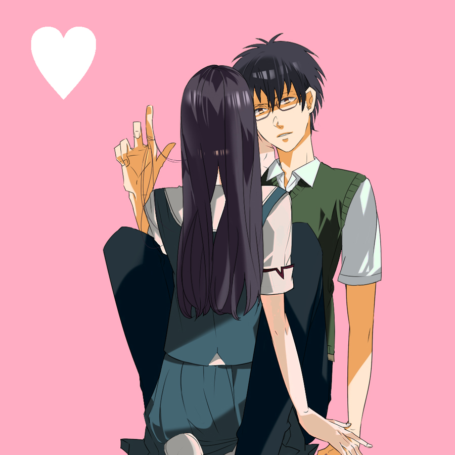 1girl, bad_id, black_hair, eye_contact, glasses, hand_in_hair, heart, kinokonoko12