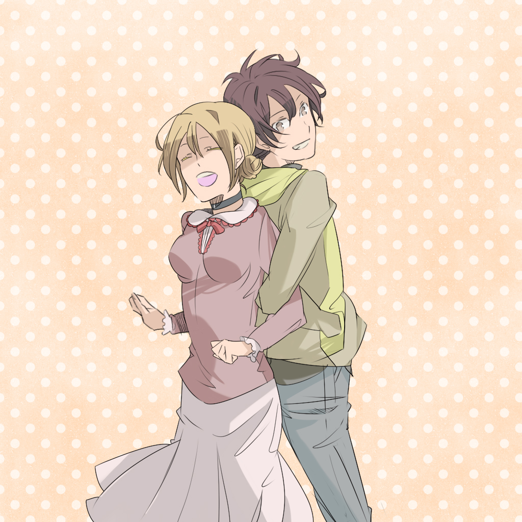 1girl, adult, back-to-back, bad_id, blonde_hair, brown_hair, choker, closed_eyes, couple, eyes_closed, fujisaki_yuusuke, grin, happy, kinokonoko, kinokonoko12, locked_arms, onizuka_hime, open_mouth, polka_dot, polka_dot_background, sket_dance, smile