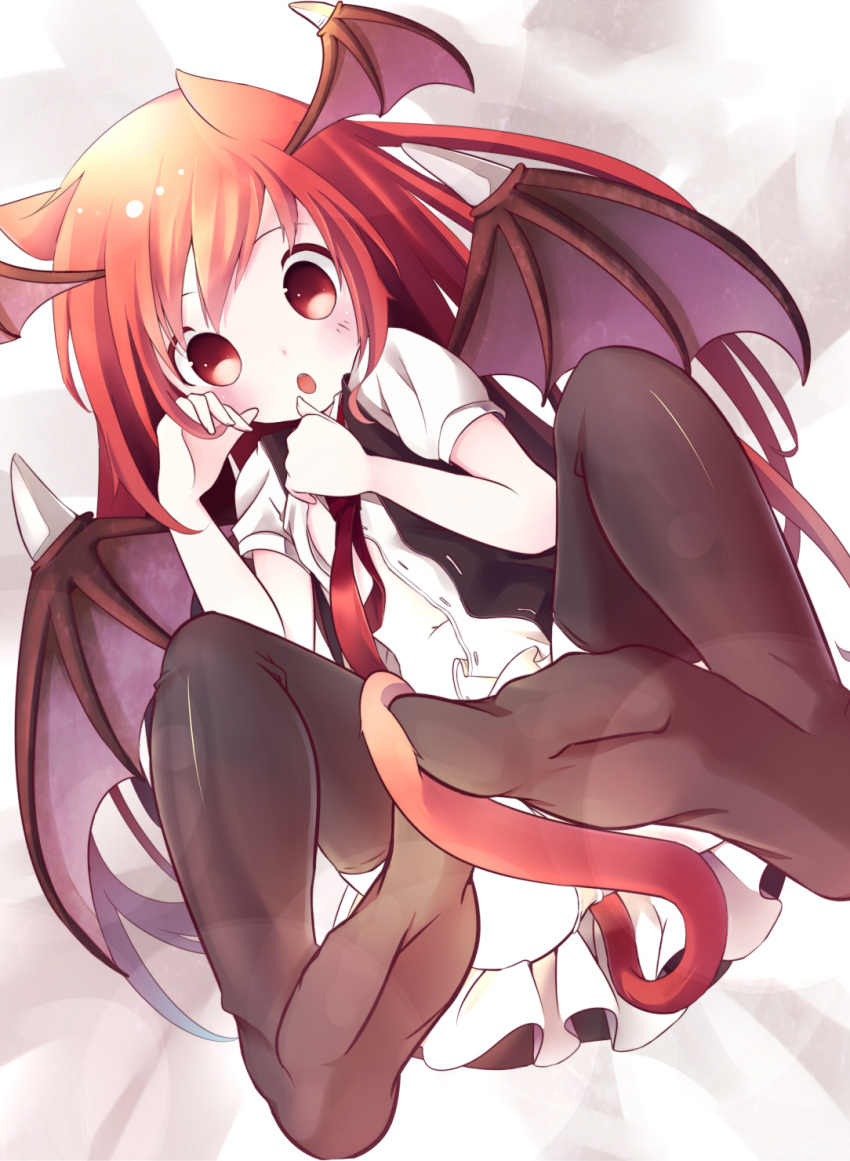 :o, animal_ears, bat_wings, black_legwear, cat_ears, cat_tail, feet, head_wings, highres, kemonomimi_mode, koakuma, long_hair, masaharu_(nuaa), necktie, no_shoes, open_clothes, open_mouth, open_shirt, panties, red_eyes, red_hair, redhead, solo, tail, thigh-highs, thighhighs, touhou, underwear, wings