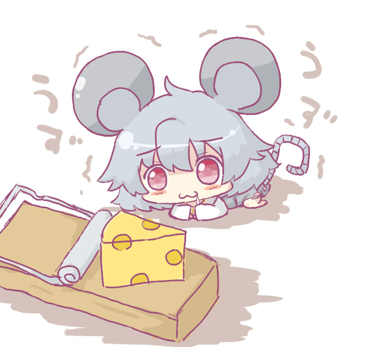 animal_ears, cheese, chibi, grey_hair, hanuu_(kemomiku), mouse_ears, mouse_tail, mousetrap
