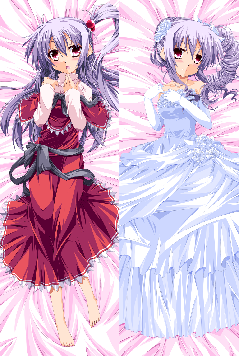 ahoge, alternate_costume, alternate_hairstyle, bare_shoulders, barefoot, blush, dakimakura, dress