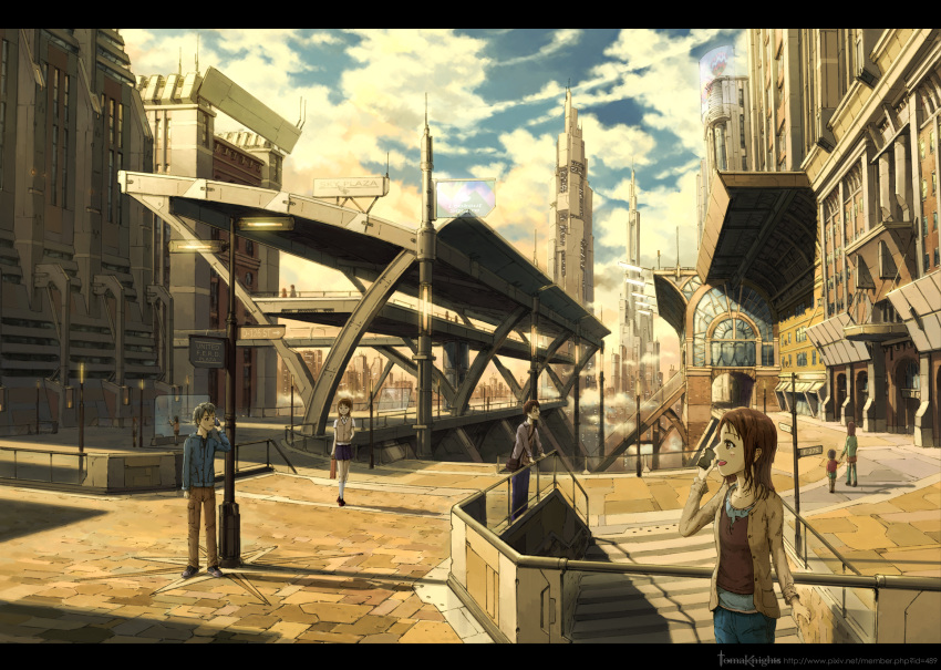 5girls, :d, brown_eyes, brown_hair, cellphone, cityscape, cloud, highres, holding, holding_hand, lamppost, multiple_boys, multiple_girls, open_mouth, original, phone, scenery, school_uniform, skirt, sky, smile, stairs, standing, talking_on_phone, tomaknights