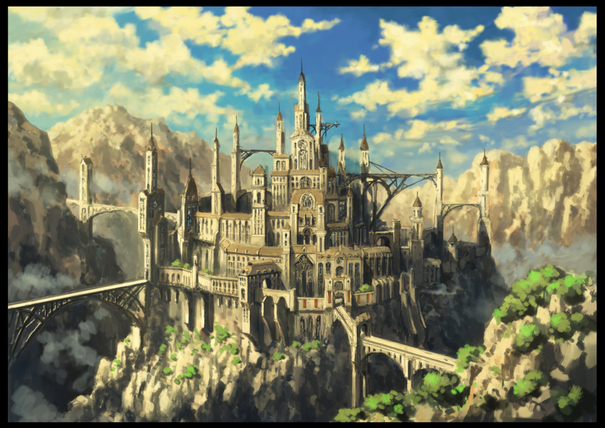 bridge, castle, cloud, highres, no_humans, original, scenery, sky