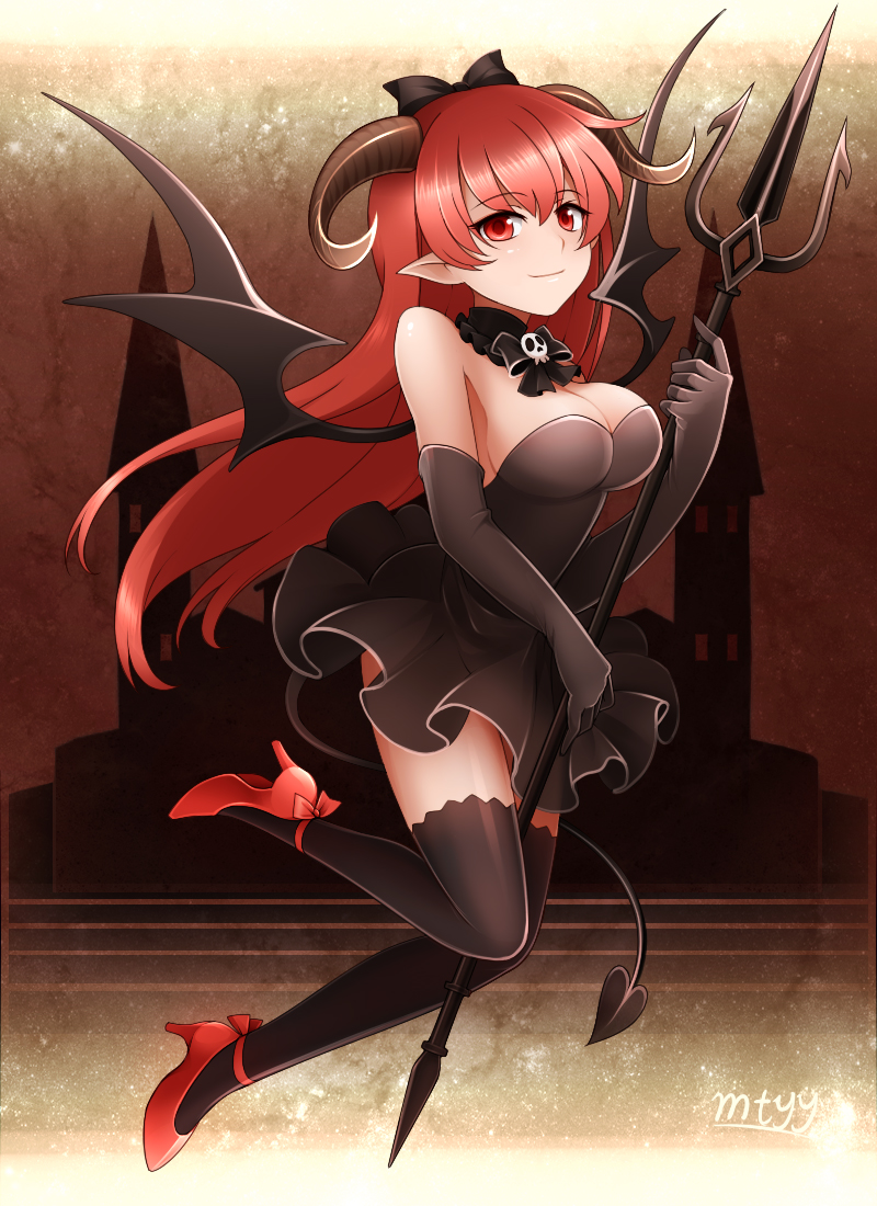 1girl, artist_name, bad_id, bare_shoulders, black_dress, black_legwear, blush, breasts