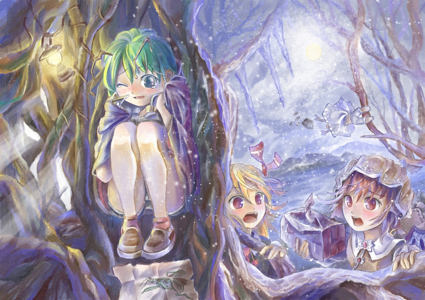 antennae, bare_legs, bare_tree, blonde_hair, cirno, cold, green_hair, hair_ribbon, hat, lantern, lunchbox, multiple_girls, mystia_lorelei, nagayo, pink_hair, red_eyes, ribbon, rumia, short_hair, snow, team_9, touhou, tree, wind, winter, wriggle_nightbug, youkai