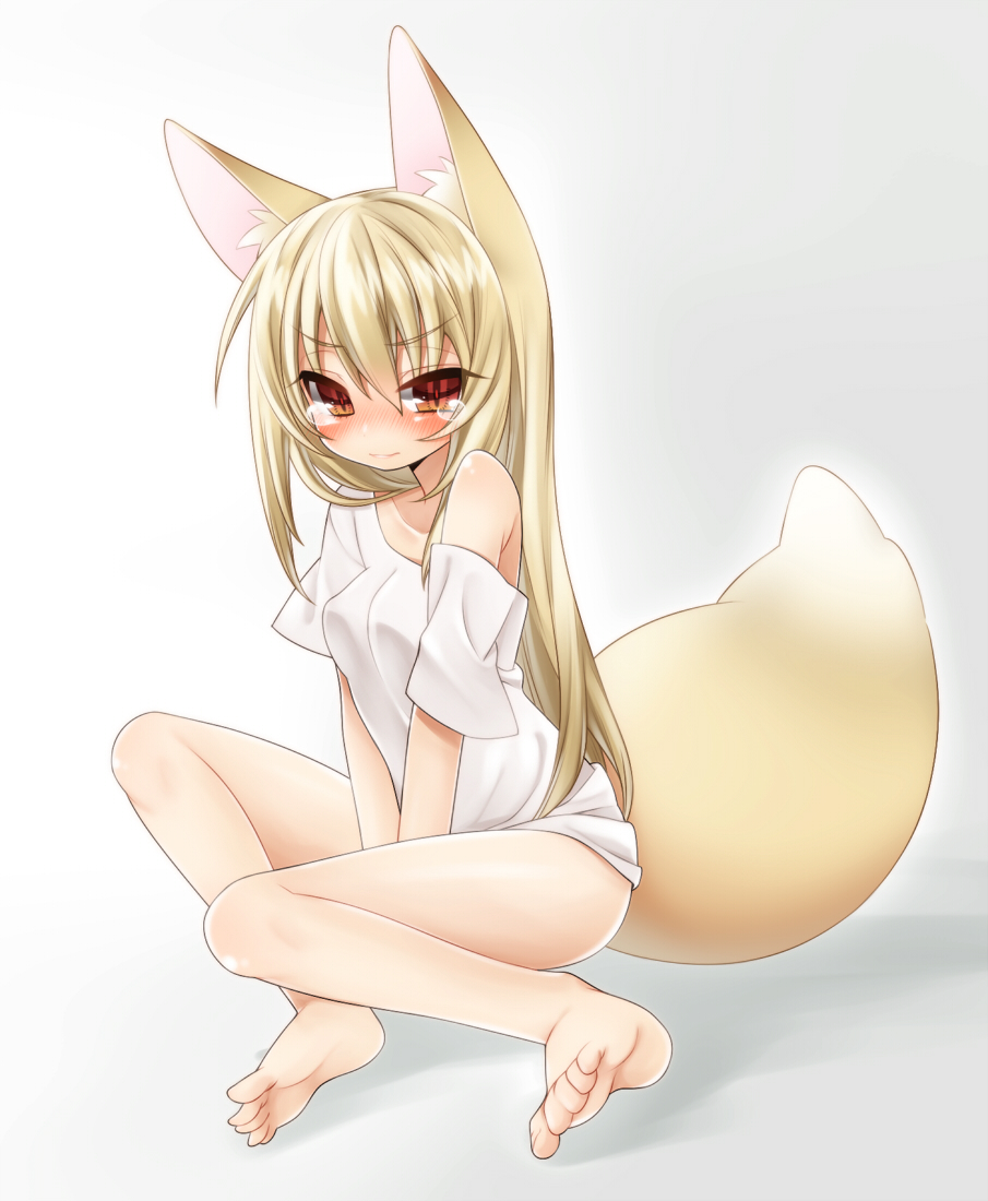 animal_ears, barefoot, blonde_hair, blush, feet, fox_ears, fox_tail, inuue_kiyu